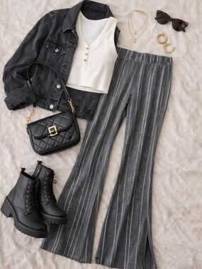 Shosho Charcoal and White Striped Flare Leggings